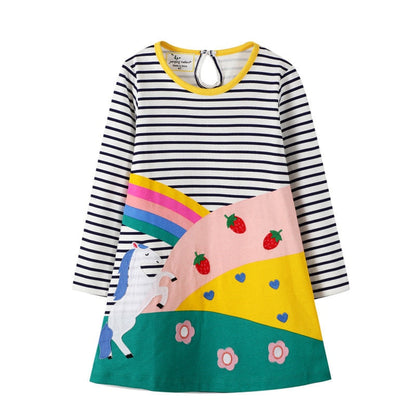 Everyday girls' knee-length long sleeve cotton dress, adorable horse print. Kids' fall fashion.