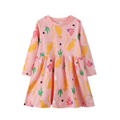 Fall-ready girls' long sleeve cotton dress, featuring an adorable horse print. Great for toddler fashion.
