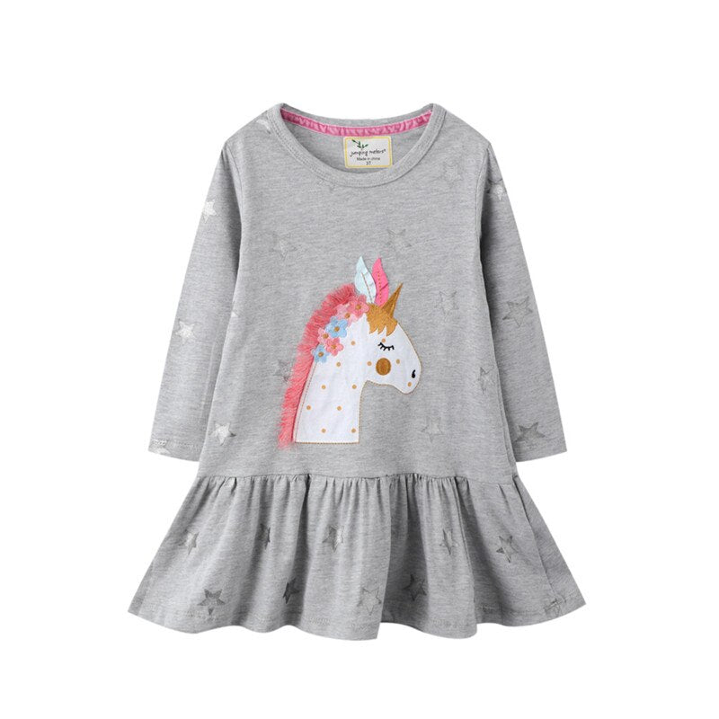 Cute horse print long sleeve cotton dress for girls. Ideal for kids' fall fashion & casual outfits.
