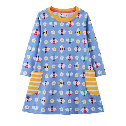 Comfortable girls' long sleeve cotton dress with playful horse print. Great for everyday kids wear.