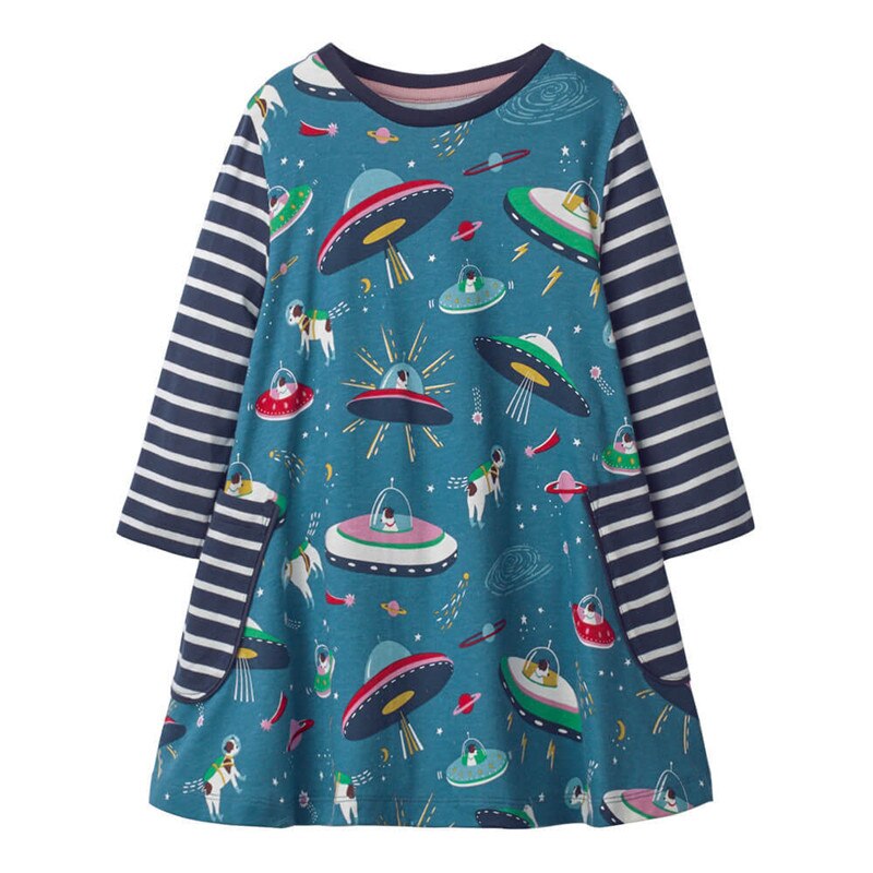 Stylish girls' long sleeve cotton dress, animal horse print. Perfect casual wear for toddlers.