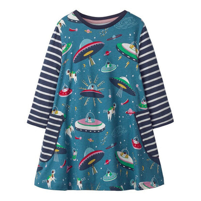 Stylish girls' long sleeve cotton dress, animal horse print. Perfect casual wear for toddlers.