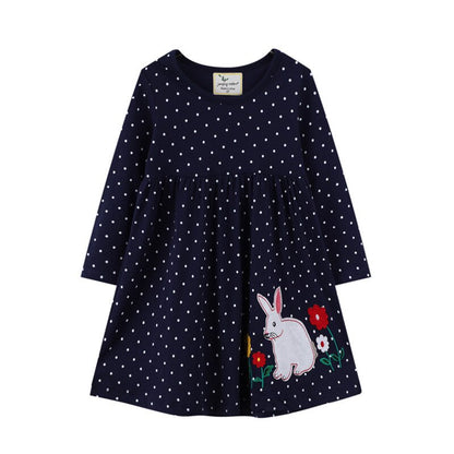 Girls' fall long sleeve cotton dress, featuring a delightful horse print. Cozy toddler casual wear.