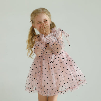 Girls' long sleeve dotted mesh ruffled party dress, baby pink tulle.