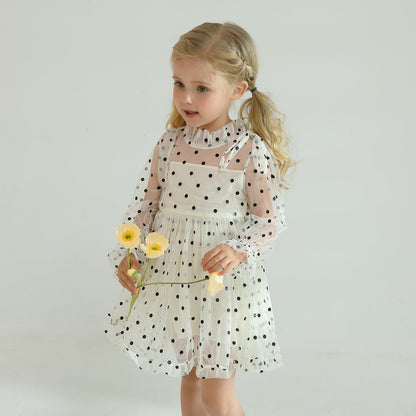 Comfortable baby clothing: Girls' long sleeve dotted mesh ruffled dress in soft fabric.