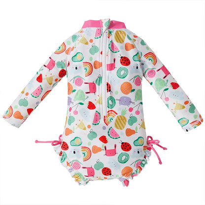 Child's long sleeve UV protect printed swimsuit, perfect for water activities.
