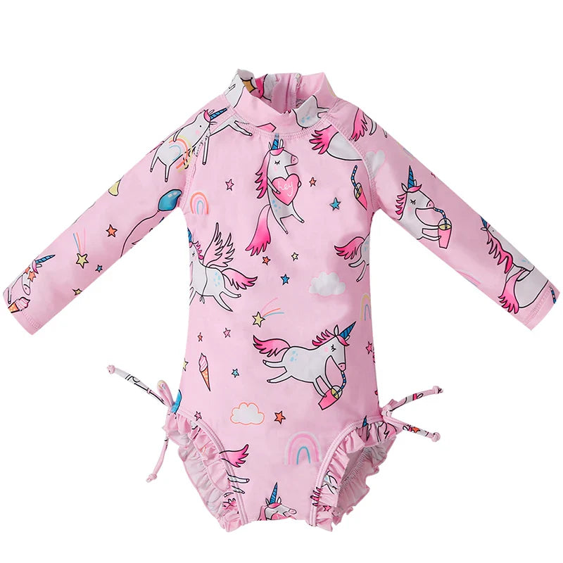 Fashionable girls' long sleeve UV protect swimsuit, printed for a cute beach look.
