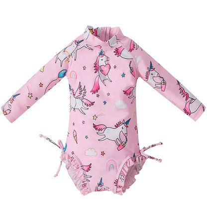 Printed long sleeve swimsuit for girls, offering excellent UV protection for play.