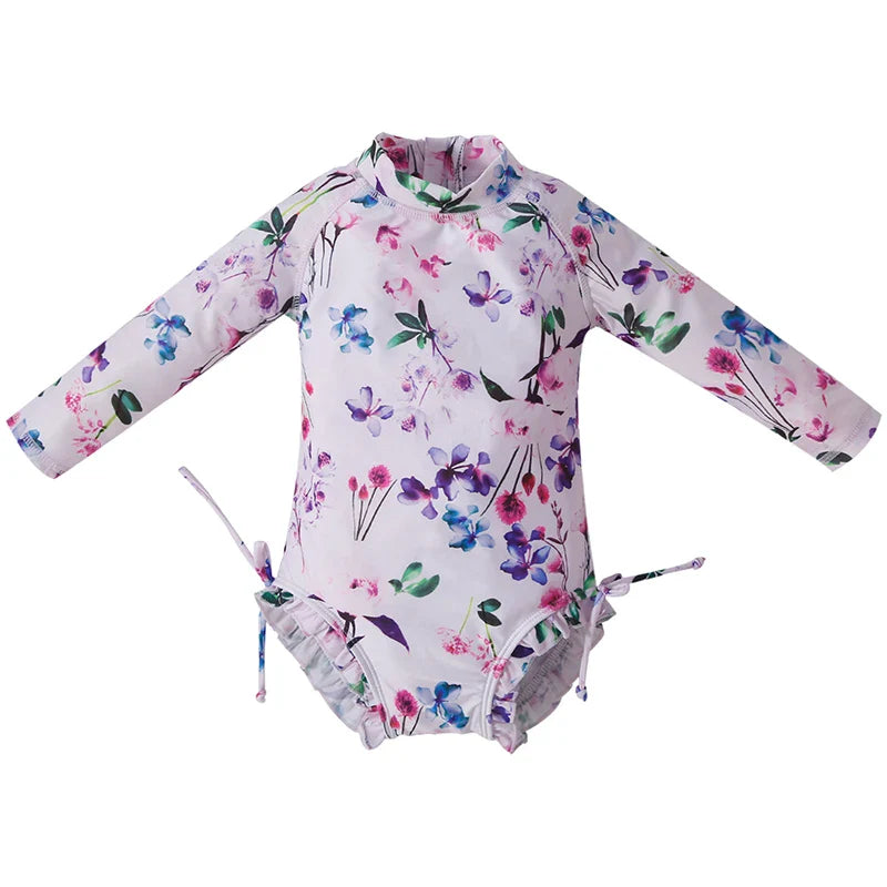 Girls' long sleeve UV protect swimsuit, featuring a unique and colorful pattern.