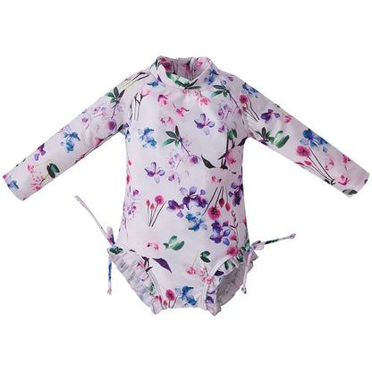Girls' long sleeve UV protect swimsuit, featuring a unique and colorful pattern.