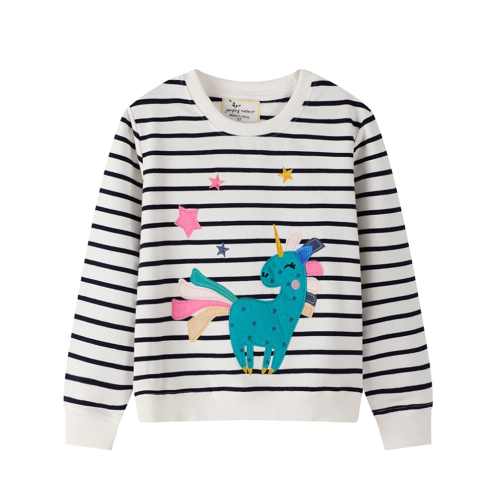 Close-up of girls' unicorn embroidered cotton pullover sweater, soft fabric, cute design
