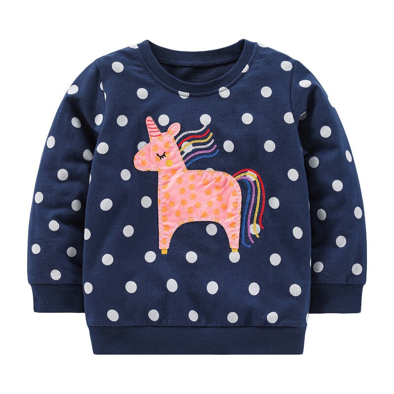 Embroidered unicorn design on a pink long-sleeve girls' cotton sweater, kids wear