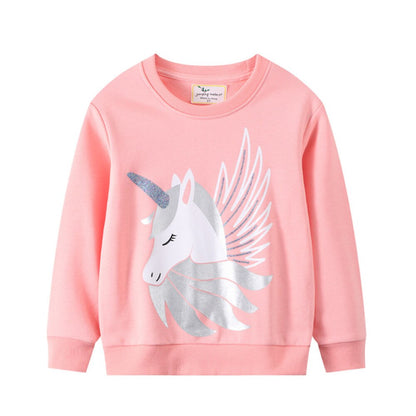 Girls' long-sleeve cotton sweater with a large, colorful unicorn embroidery for kids fashion