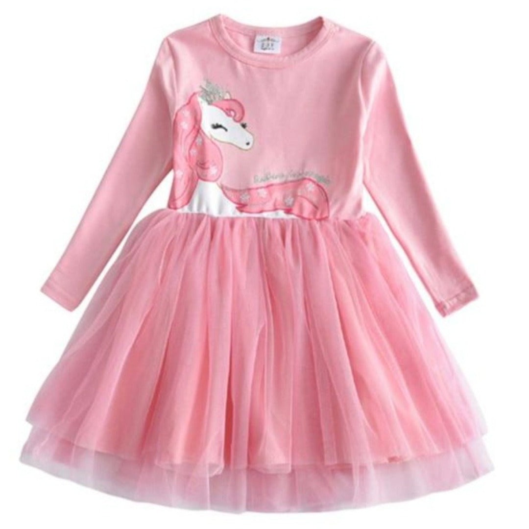 Girls' Magical Unicorn Layered Skirt Dress. Soft cotton casual play dress for toddlers & kids.