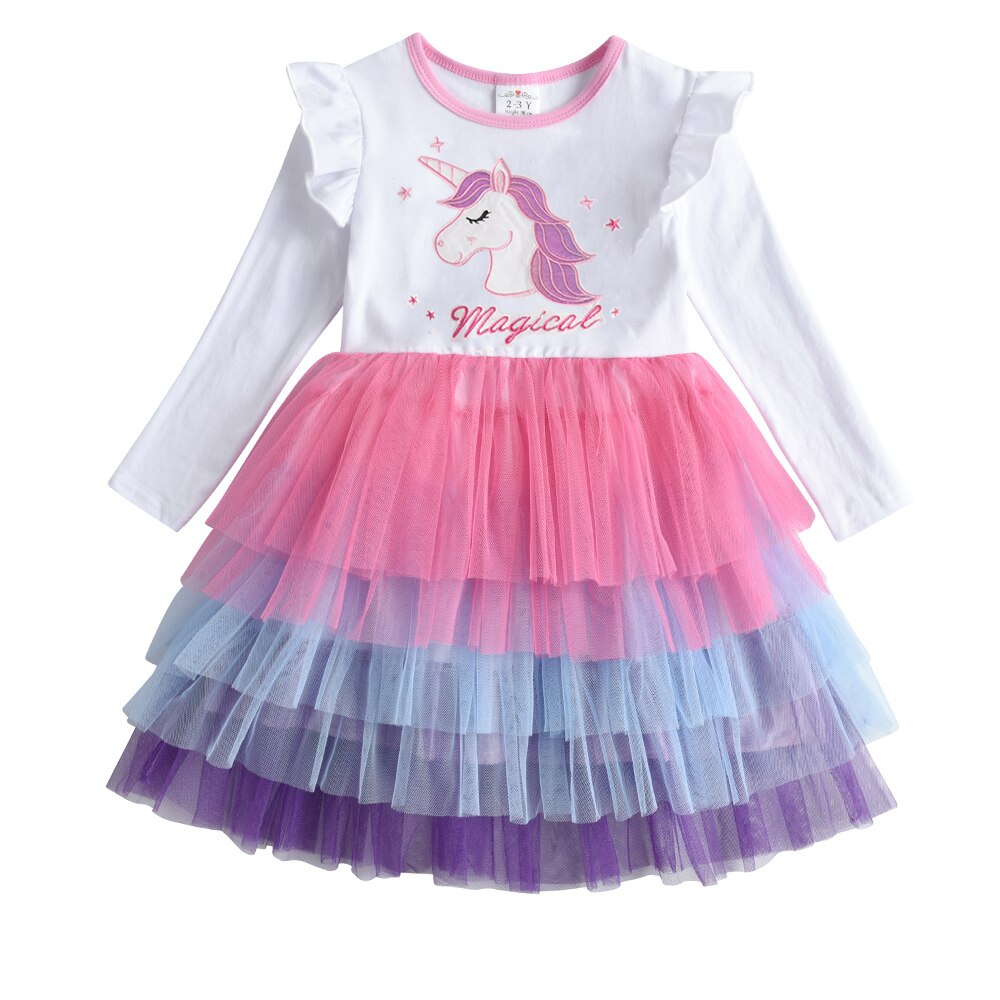 Magical unicorn print dress with layered skirt for girls. Comfortable cotton, perfect for summer play.