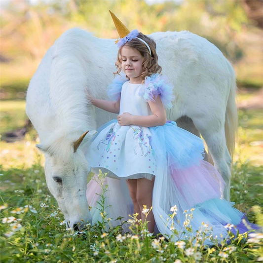 Girls' magical unicorn princess dress with rainbow skirt & winged bodice, perfect for parties & fantasy play