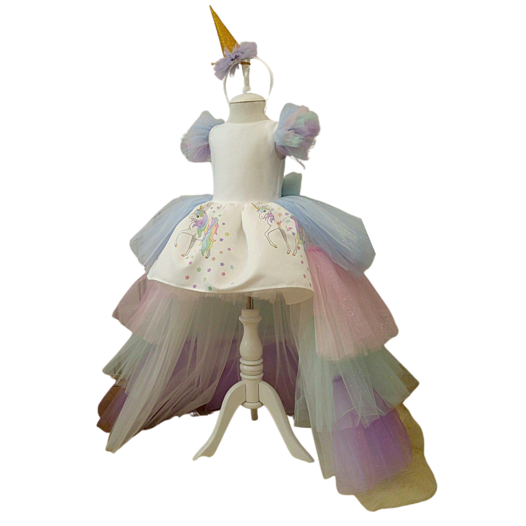 Close-up of the intricate bodice detail of a girls' unicorn princess dress with sparkling accents & wings