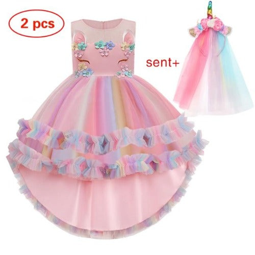 Girls' magical unicorn ruffle party dress, sleeveless cotton blend for birthdays & special occasions