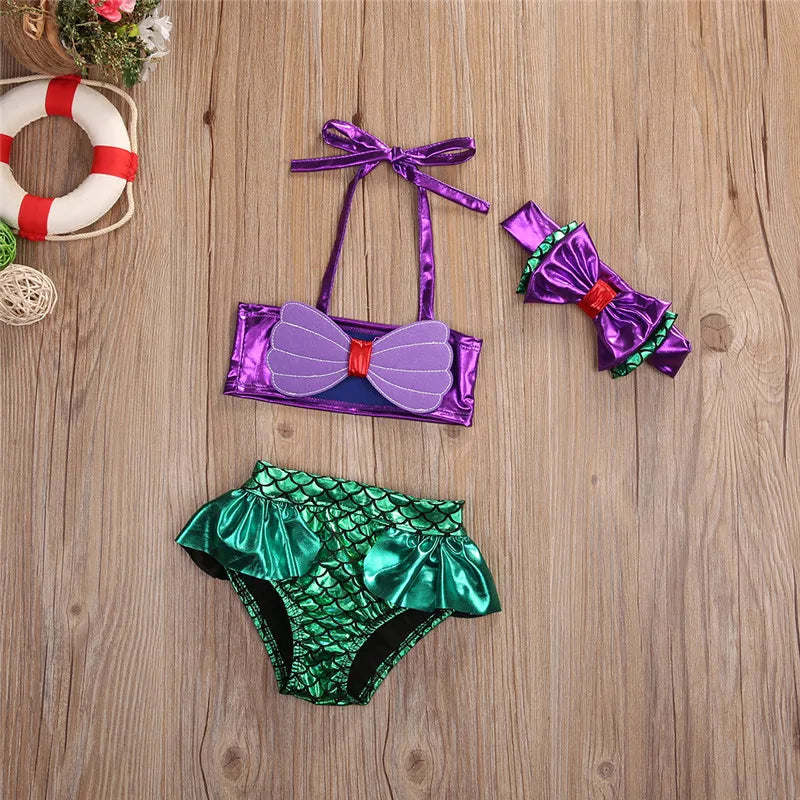 Girls' mermaid swimsuit set: halter top, high-waist bottoms, & matching headband for beach fun