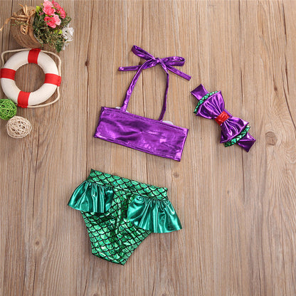 Back view of the girls' mermaid swimsuit halter top, showing tie closure and comfy fit