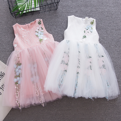 Girls multi-layer floral vines embroidery princess dress, short sleeve, perfect for parties.