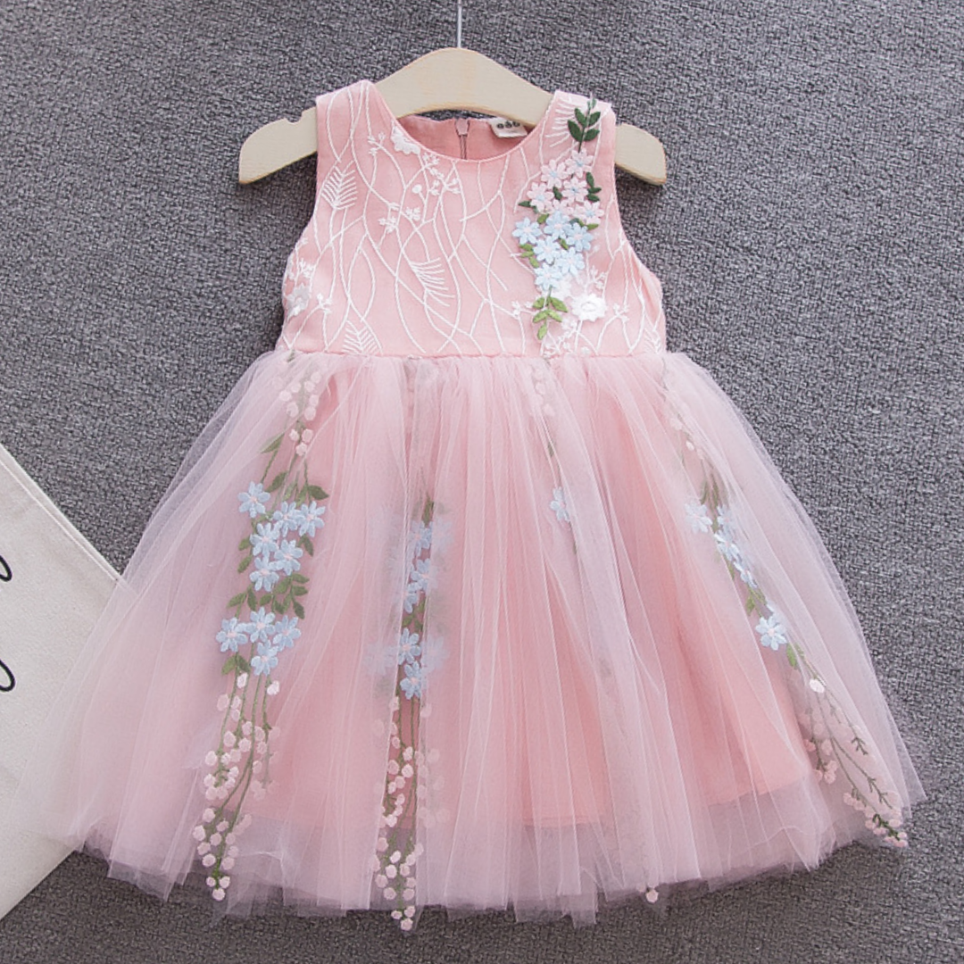 Toddler girl's summer floral embroidered knee-length dress with short sleeves, cotton blend.