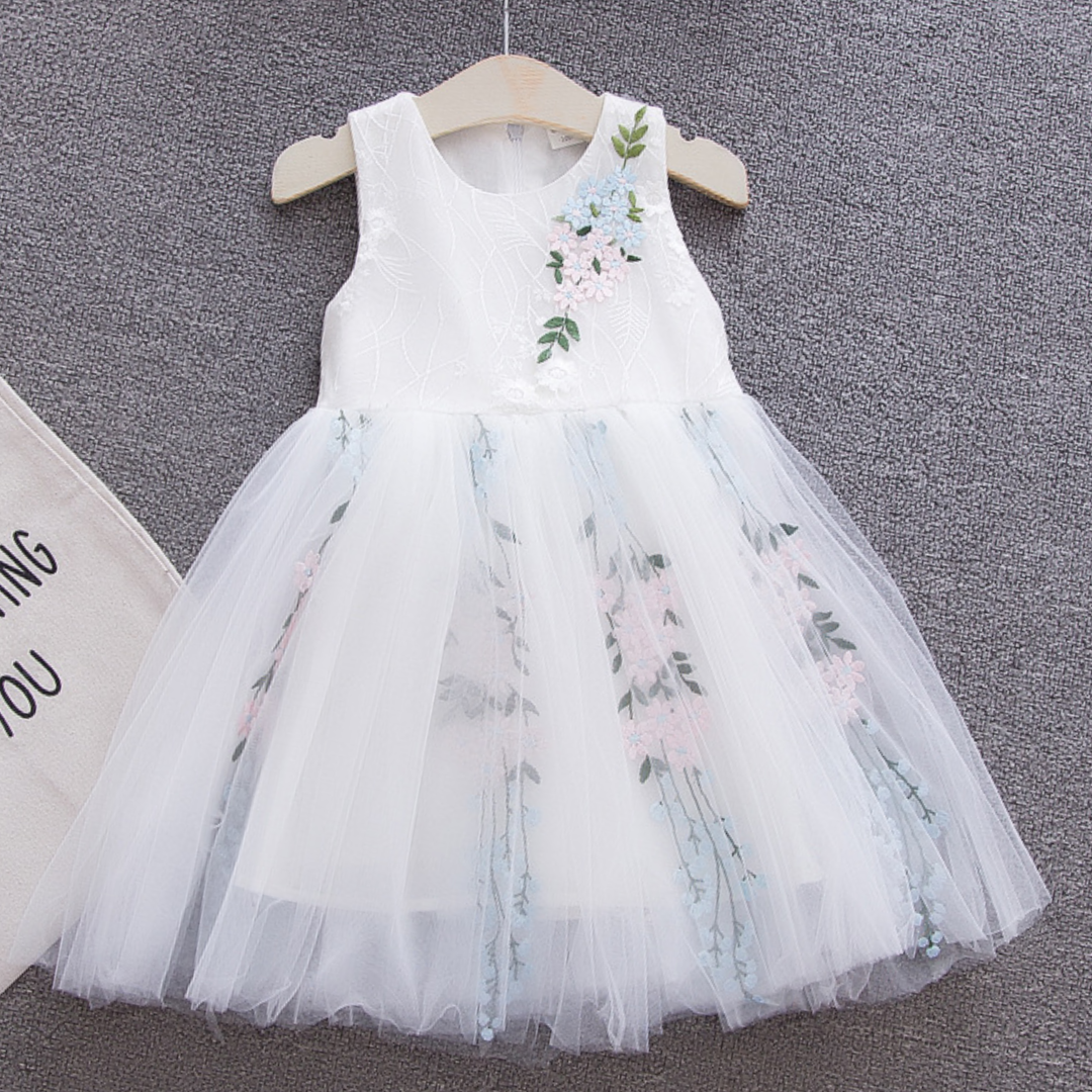 Cute baby girl's party dress: multi-layer floral vines embroidery and short sleeves.