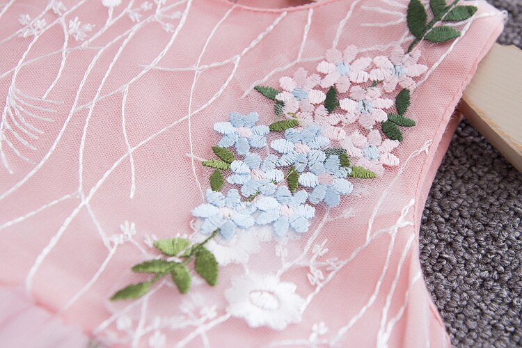 Kids fashion: short sleeve, multi-layer princess dress with delicate floral vine embroidery.