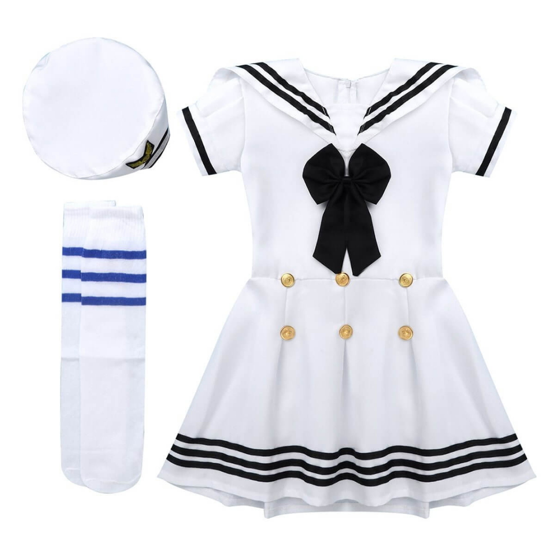 Girls' navy sailor costume dress with white collar for fun playwear & parties. Ideal kids' dress up outfit.