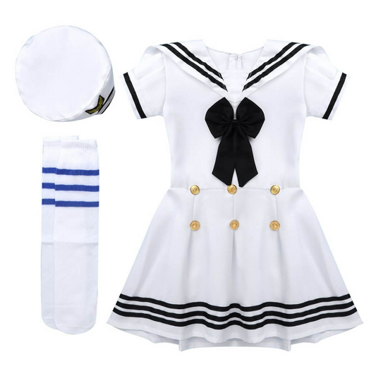 Girls' navy sailor costume dress with white collar for fun playwear & parties. Ideal kids' dress up outfit.