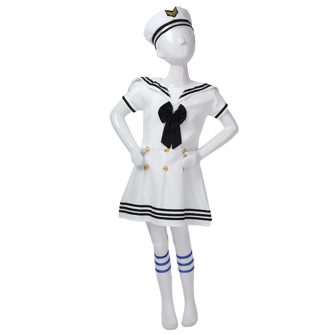 Little girl wearing a short sleeve polyester navy sailor dress costume. Fun for children's role play & parties.