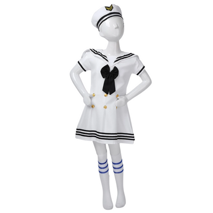 Little girl wearing a short sleeve polyester navy sailor dress costume. Fun for children's role play & parties.