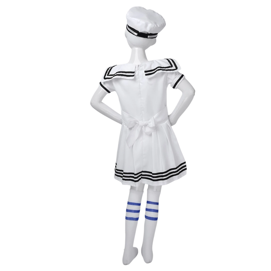Adorable girls' navy sailor outfit dress with white trim. Comfortable short sleeve party costume for children.