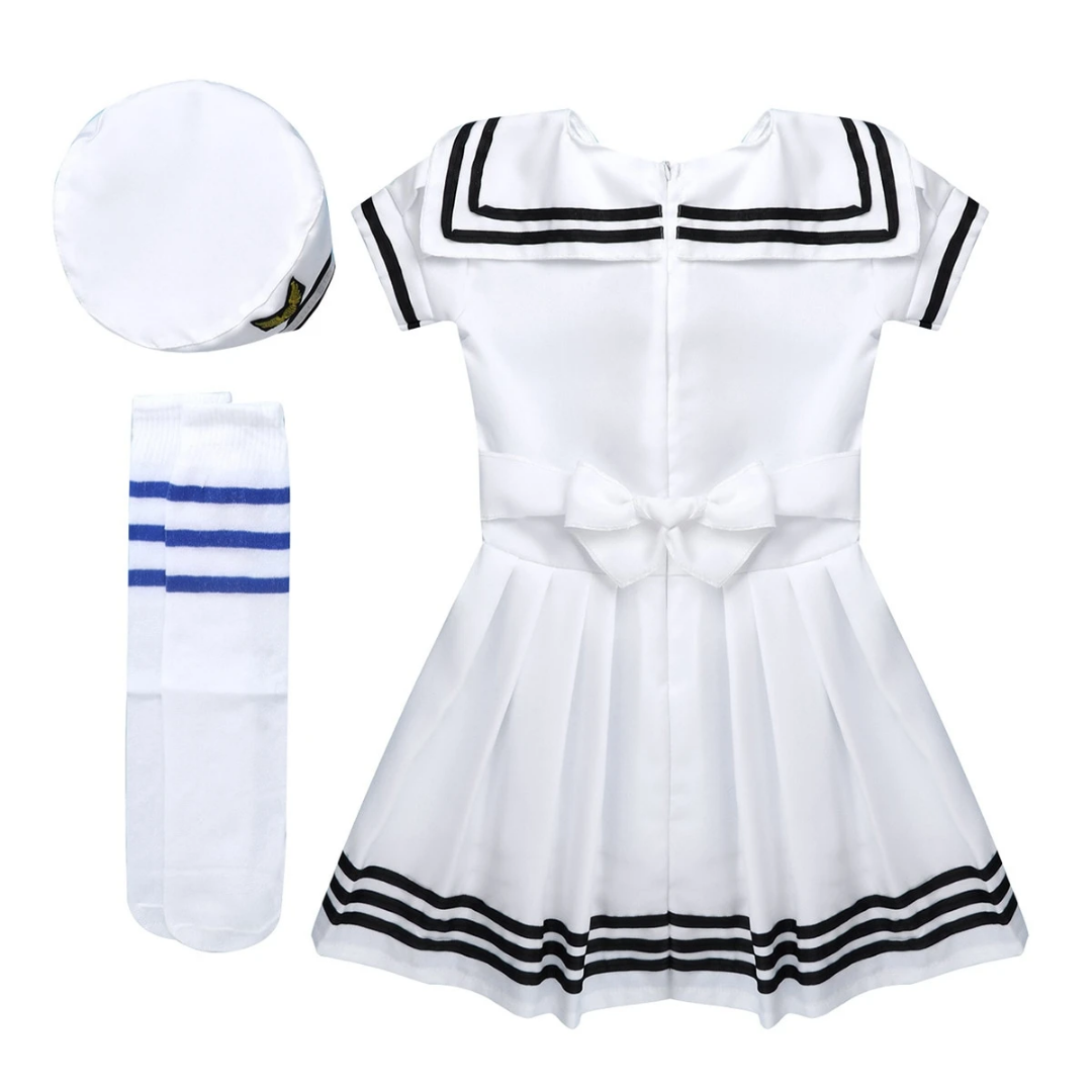 Fashionable girls' navy sailor costume dress. Perfect children's wear for dress-up, parties, and role play.