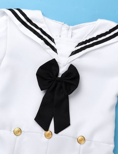 Full view of a fun girls' navy sailor costume dress. Classic design for kids' dress up, parties, and role play.