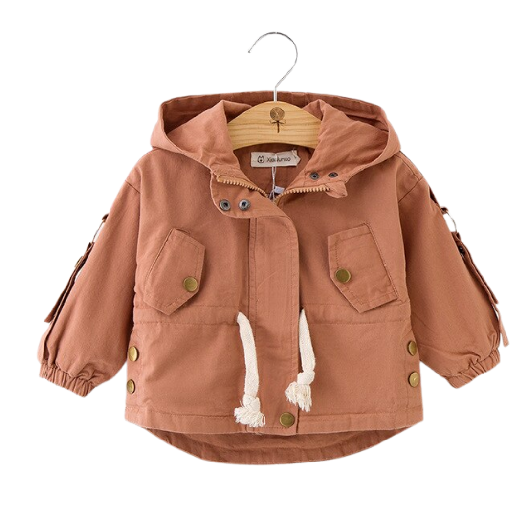 Toddler girl's denim hoodie jacket with Nordic embroidered buttons, comfortable baby outerwear