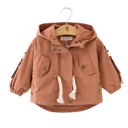 Toddler girl's denim hoodie jacket with Nordic embroidered buttons, comfortable baby outerwear
