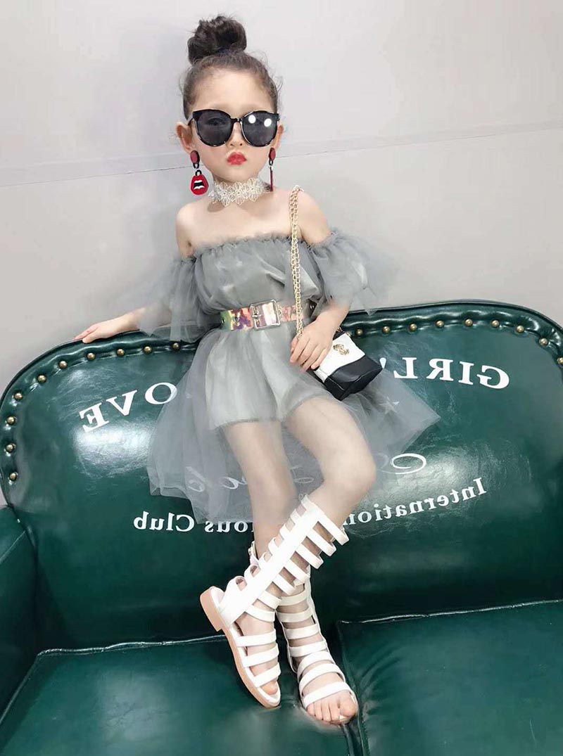 Girls off-shoulder mesh top dress with butterfly sleeves, perfect for a party. Elegant kids cotton fashion.