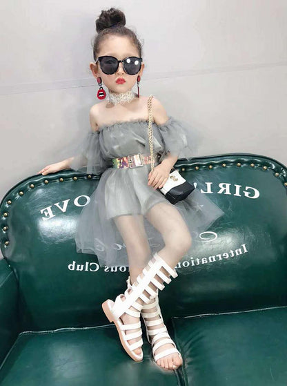 Girls off-shoulder mesh top dress with butterfly sleeves, perfect for a party. Elegant kids cotton fashion.