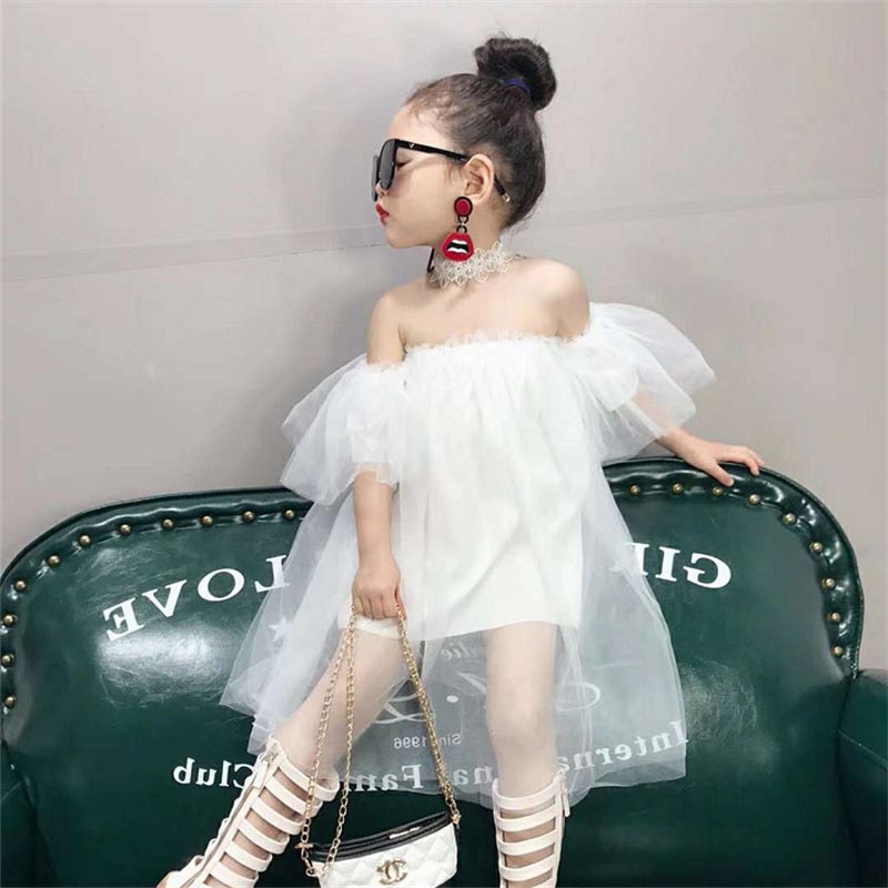 Toddler girl's off-shoulder mesh dress featuring delicate butterfly sleeves, ideal for children's fashion.