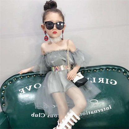 Elegant girls off-shoulder mesh dress with flowy butterfly sleeves, a stylish choice for toddler parties.