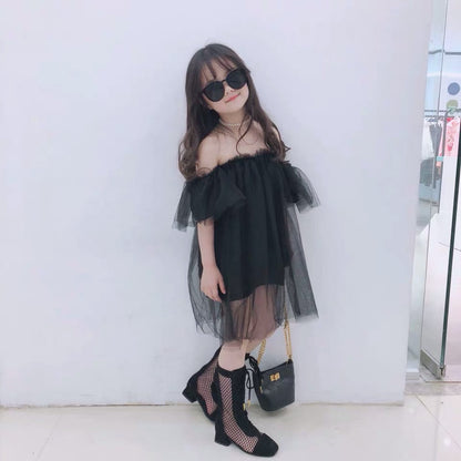 Girls cotton off-shoulder dress with a mesh overlay and butterfly sleeves, a beautiful kids party dress.