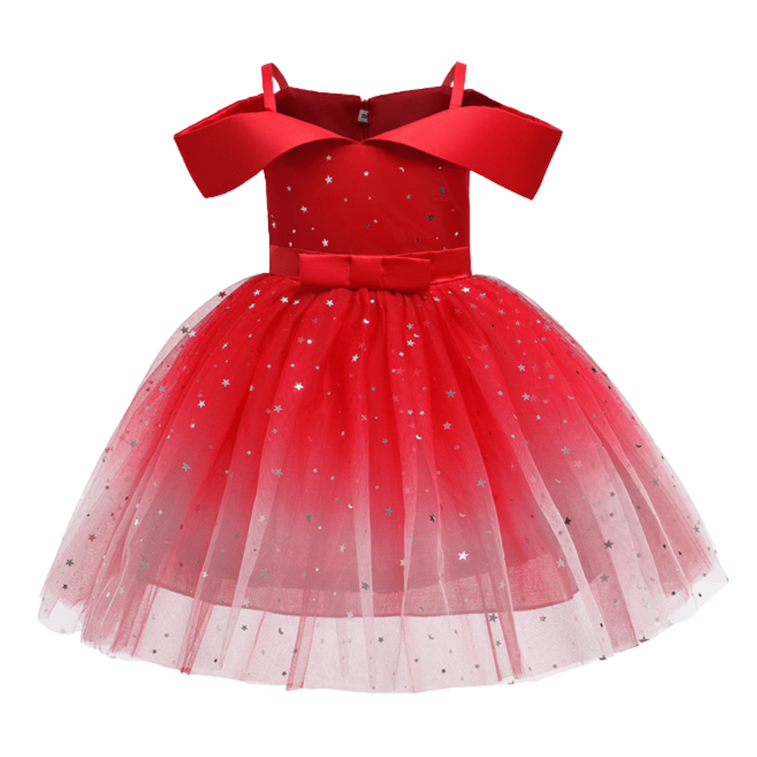 Girls' off-shoulder princess dress with twinkle stars, perfect for parties & special occasions.