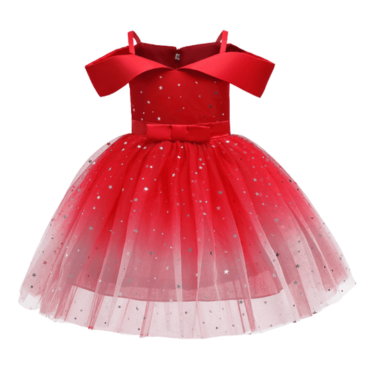 Girls' off-shoulder princess dress with twinkle stars, perfect for parties & special occasions.
