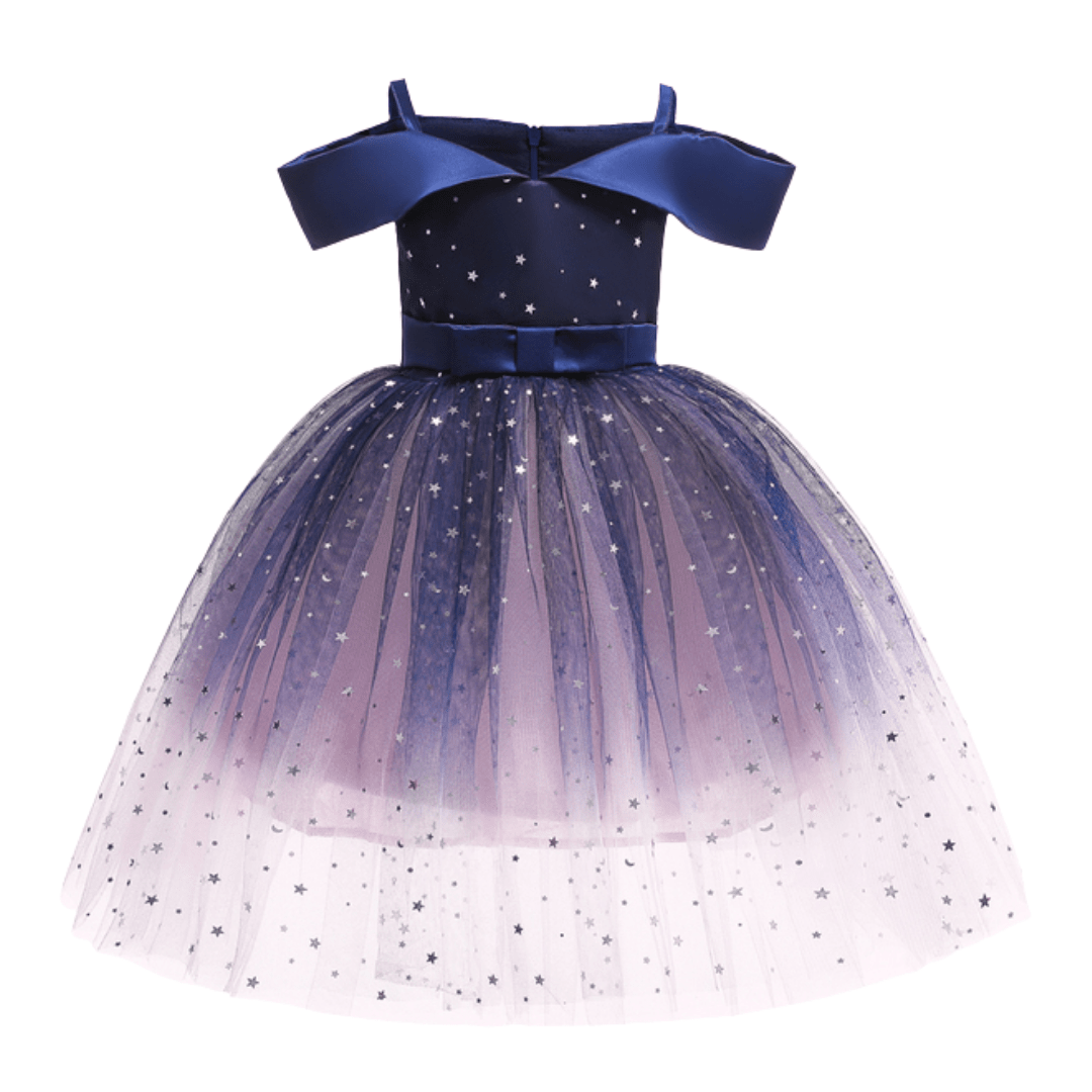 Toddler girl's fancy off-shoulder ballgown, adorned with shimmering stars for elegant event wear.