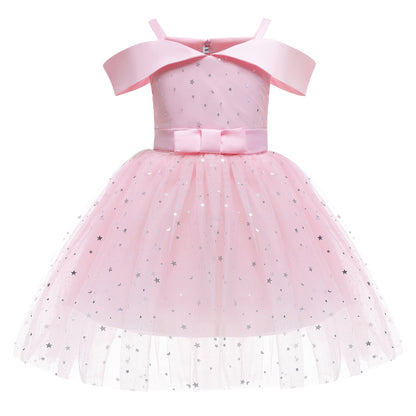Child's off-shoulder starry princess party dress, ideal for celebrations and special occasions.