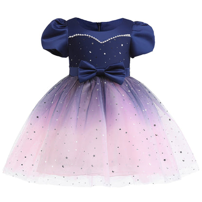Elegant girls' off-shoulder twinkle star dress, a beautiful ballgown for parties & events.
