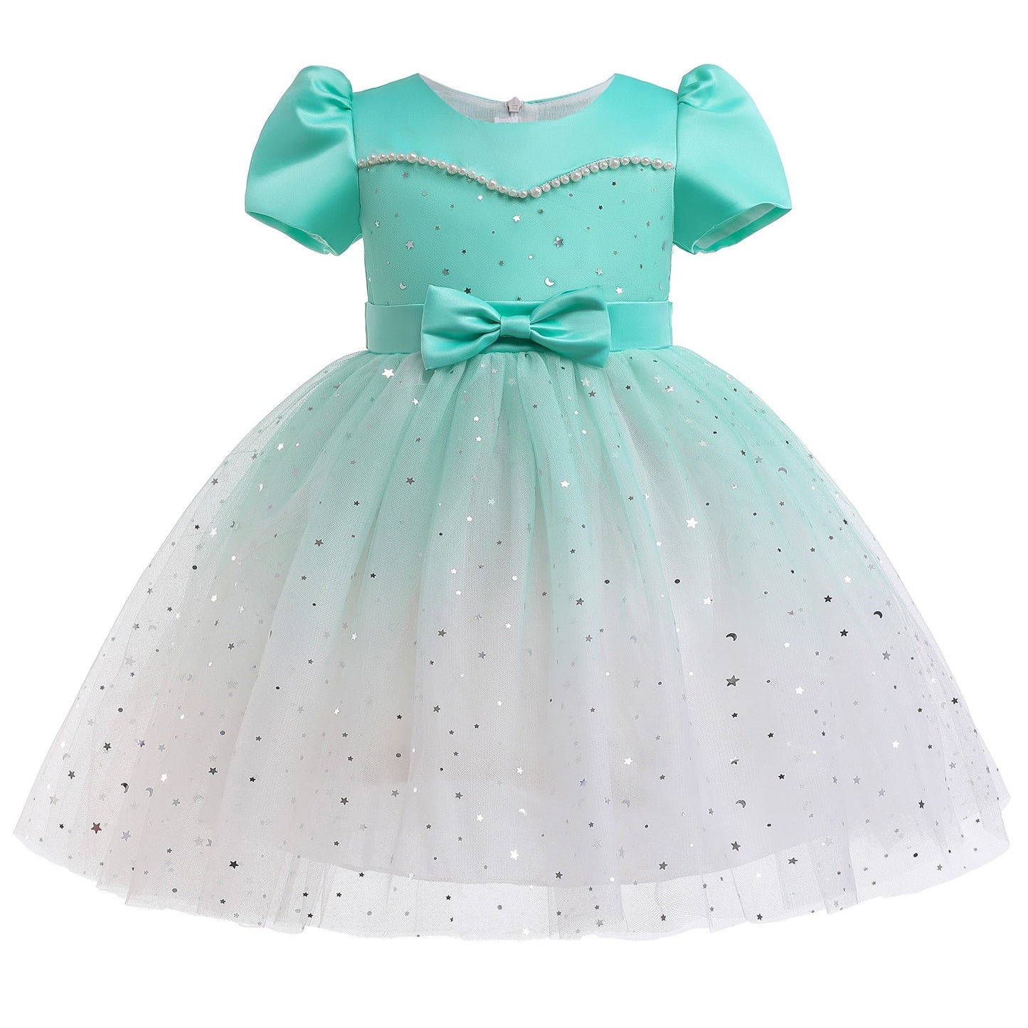 Girls' special occasion off-shoulder princess dress featuring celestial star applique & flowy skirt.