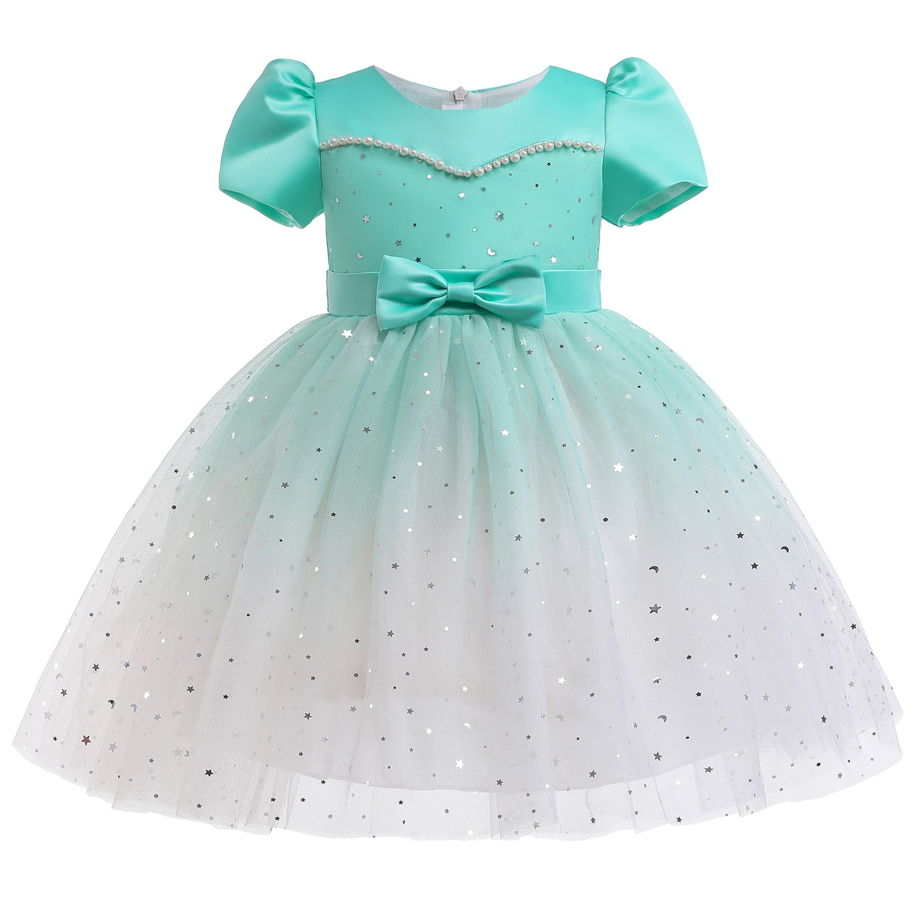 Girls' special occasion off-shoulder princess dress featuring celestial star applique & flowy skirt.