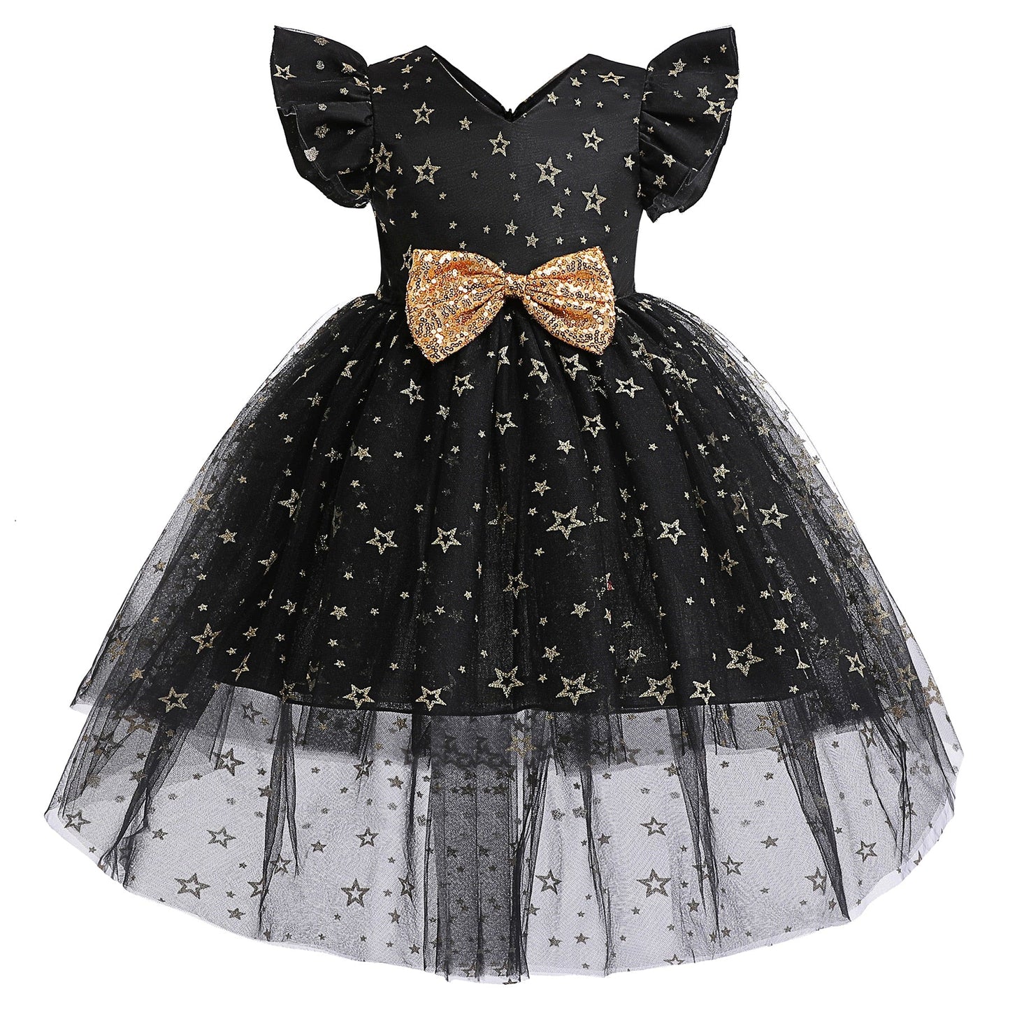 Kids' fashion off-shoulder princess gown with delicate stars, perfect for birthday parties.
